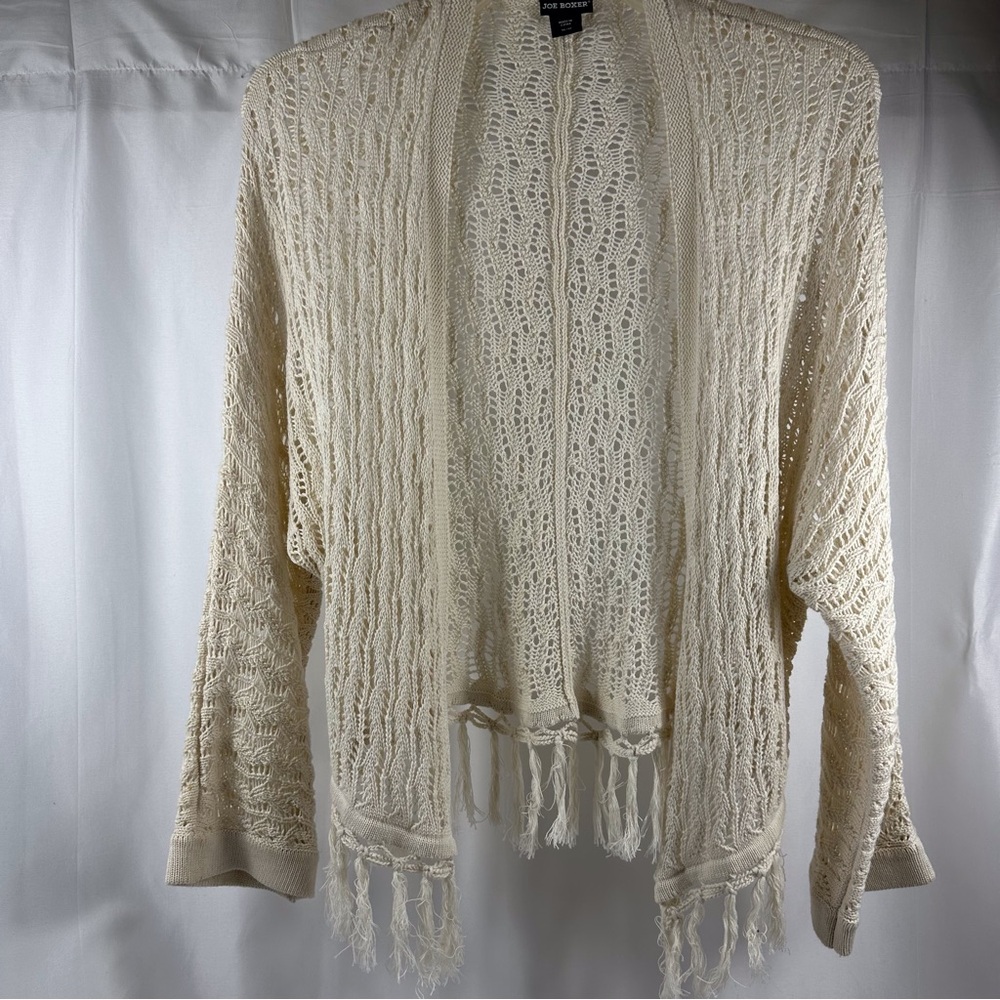 BoHo Open-knit fringe cardigan M Open front fringe hem cottage core vibe